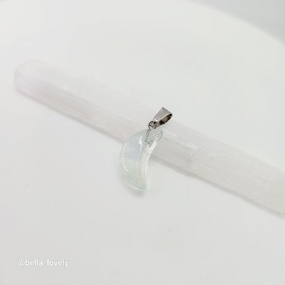 Petite Opal Opalite Moon Crescent Moon Shaped Pendant with Silver Toned Bail - Picture 3 of 4